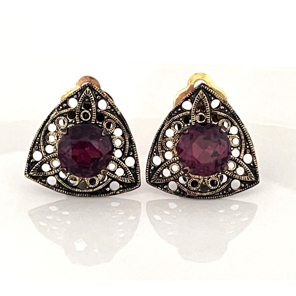 Vintage 1950s Clip Earrings Art Deco Revival Purple Czech Glass Filigree - 4N